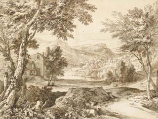 Isaac de Moucheron - Paysage montagneux avec une villa à droite, un village dans le lointain