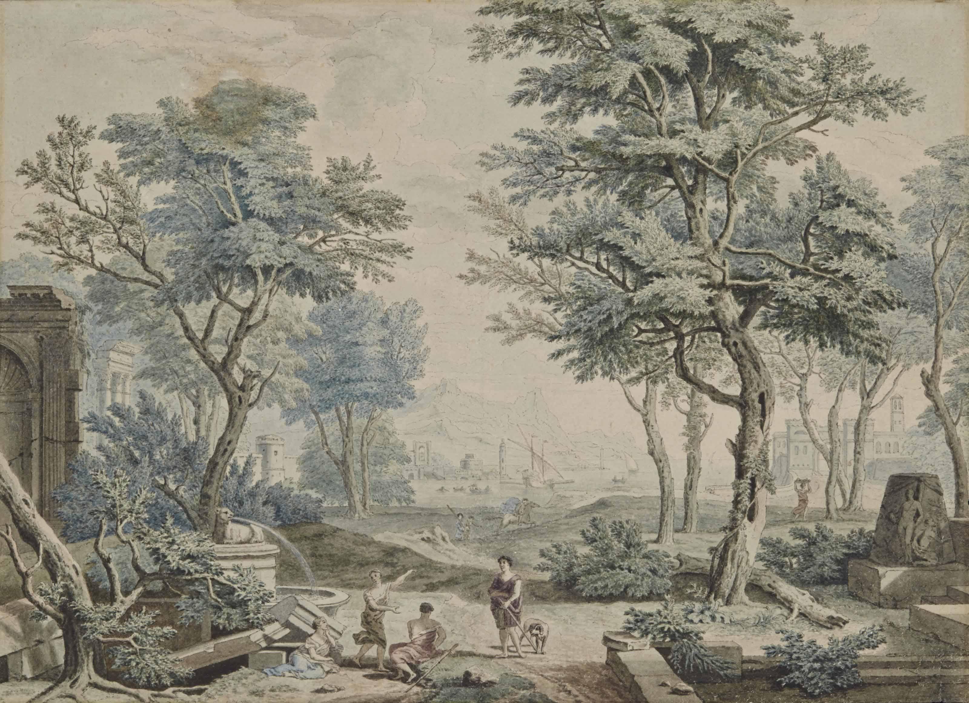 Isaac De Moucheron - Personnages Près D\'Une Fontaine, Un Port À L\'Arrière-Plan; Et Personnages À L\'Antique Près D\'Une Rivière Dans Un Parc