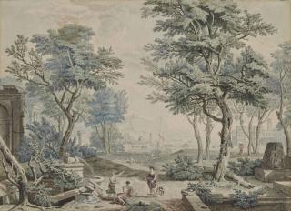 Isaac De Moucheron - Personnages Près D\'Une Fontaine, Un Port À L\'Arrière-Plan; Et Personnages À L\'Antique Près D\'Une Rivière Dans Un Parc
