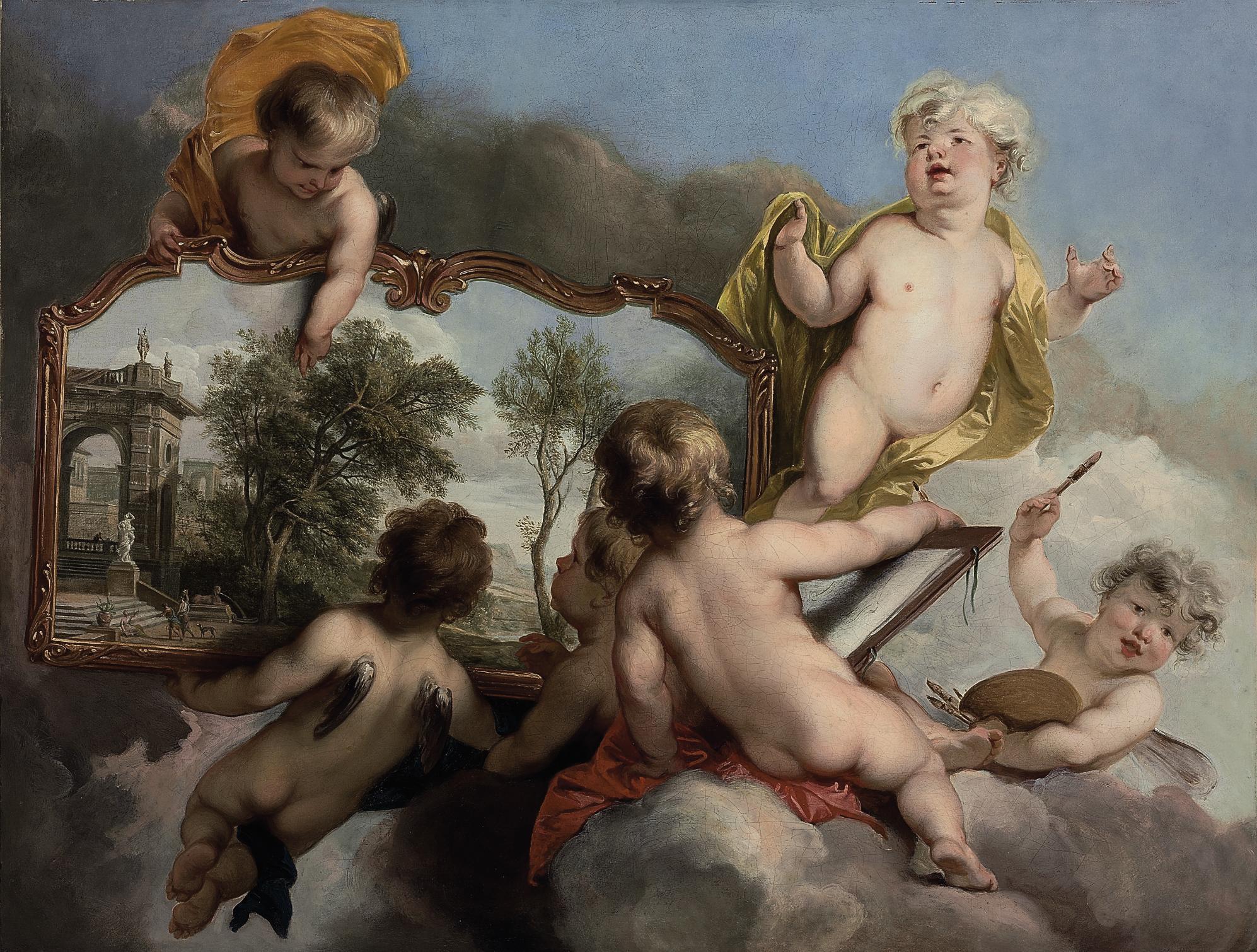 Isaac de Moucheron - Putti studying a landscape painting