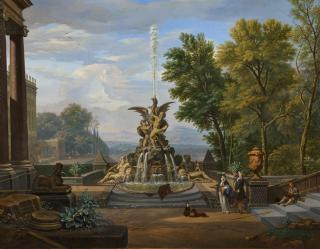 Isaac de Moucheron - Südliche Parklandschaft mit Springbrunnen und höfischem Paar