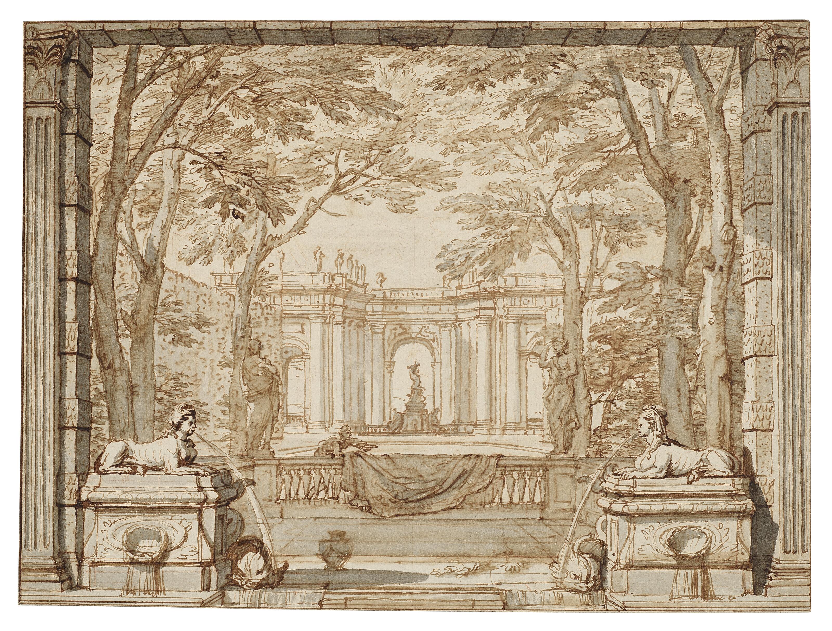 Isaac de Moucheron - View of a formal garden with sphinx fountains