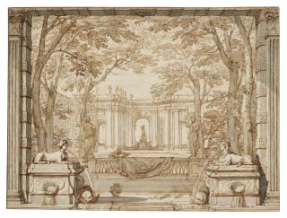 Isaac de Moucheron - View of a formal garden with sphinx fountains