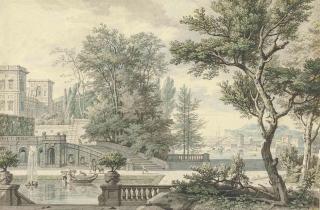 Isaac de Moucheron - View of an Italianate villa and its garden, a bay beyond