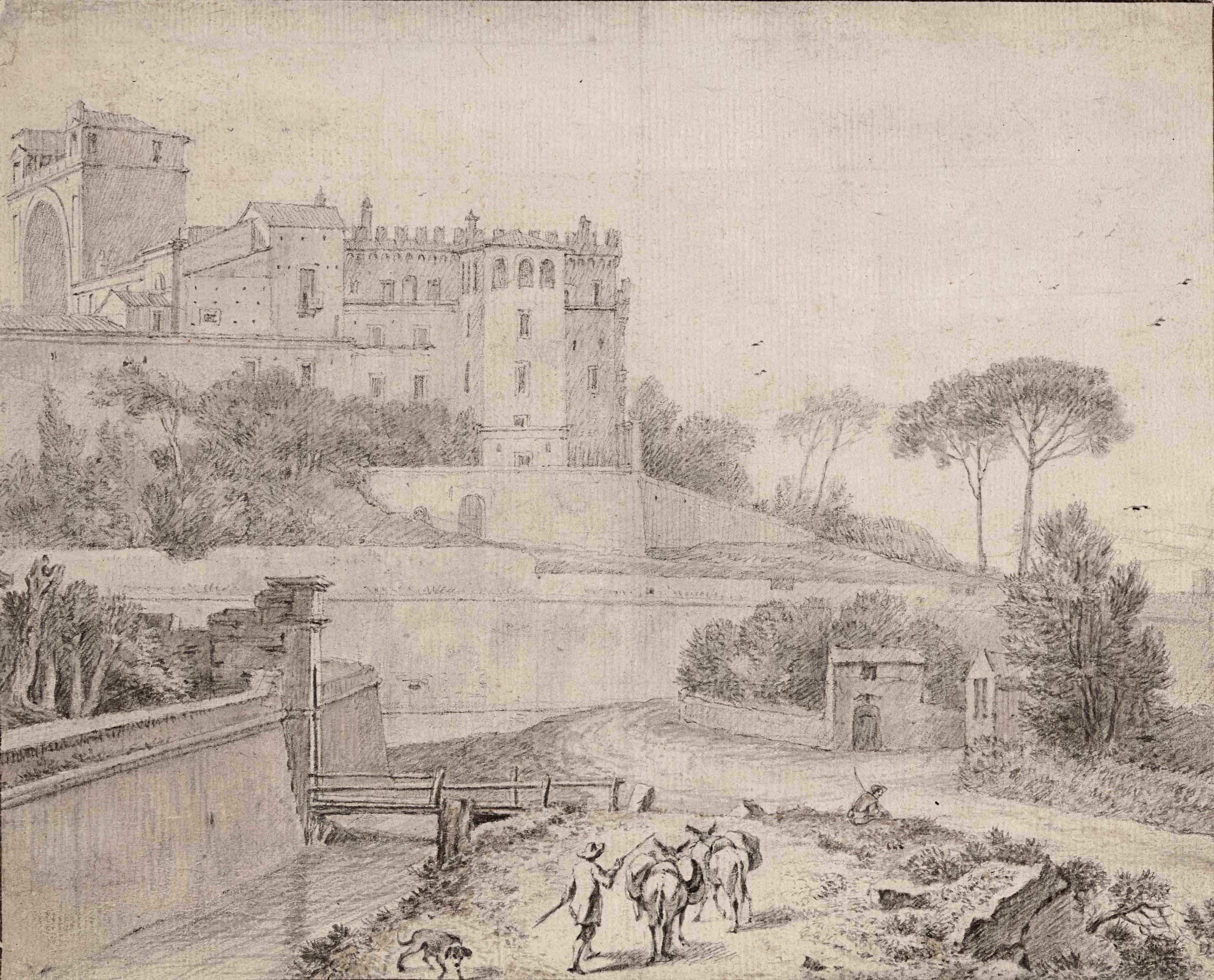 Isaac De Moucheron - View of the Belvedere, Rome, with travellers and donkeys in the foreground