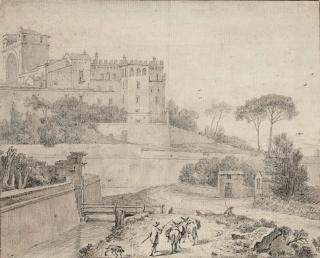 Isaac De Moucheron - View of the Belvedere, Rome, with travellers and donkeys in the foreground