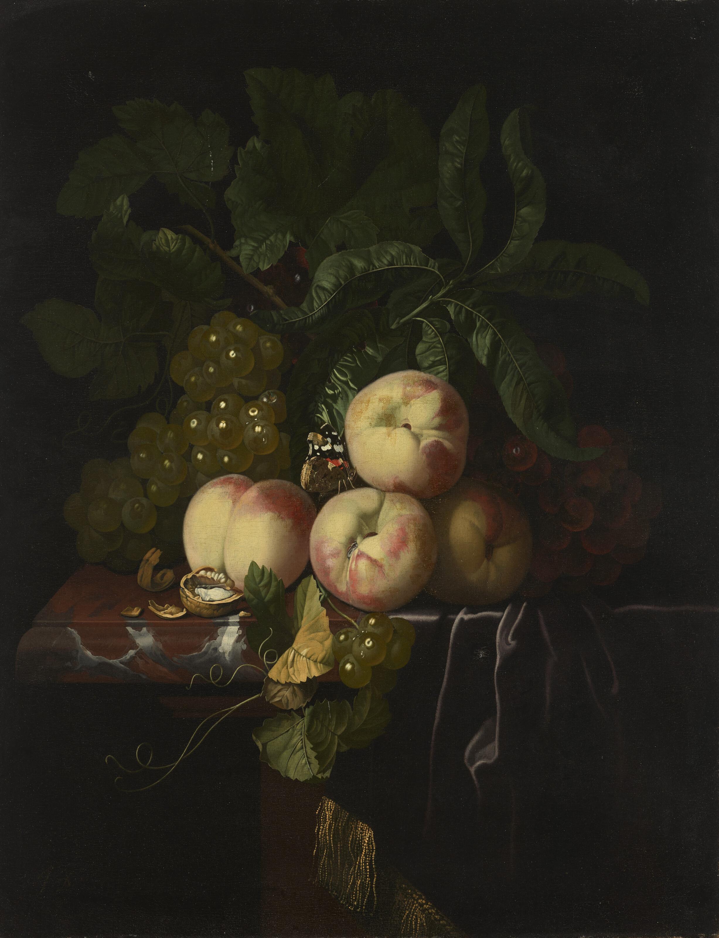 Isaac Denies - Peaches, grapes and a walnut on a draped marble ledge with a butterfly