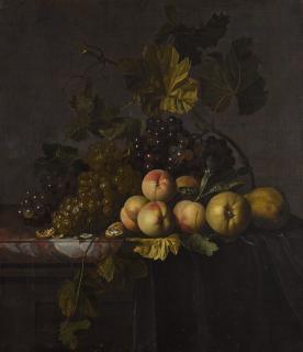 Isaac Denies - Still life with grapes, apples and other fruit on a marble slab