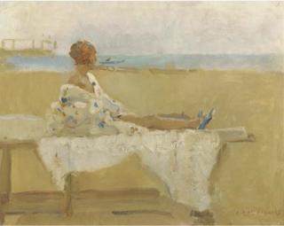Isaac Israels - An elegant lady on the beach of Viareggio, Italy