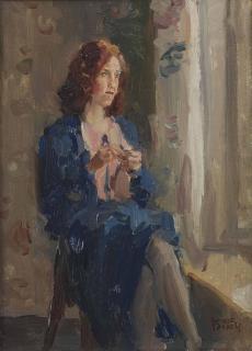 Isaac Israels - Dame in het blauw bij venster: daydreaming