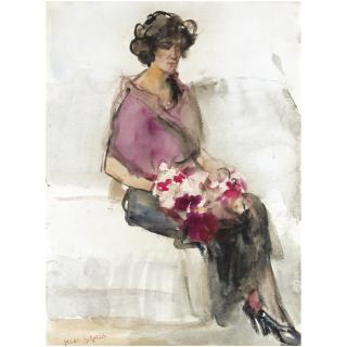 Isaac Israels - Dutch A Seated Lady With Flowers