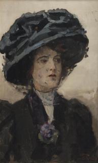 Isaac Israels - Elegant lady with blue hat and voile