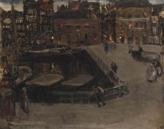 Isaac Israels - View of the Damrak, Amsterdam, at night