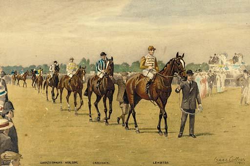 Isaac J. Cullin - Lemberg and Greenback in the saddling ring; and Lemberg and Greenback leading the parade to the start