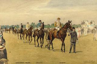 Isaac J. Cullin - Lemberg and Greenback in the saddling ring; and Lemberg and Greenback leading the parade to the start