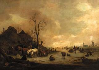 Isaac Jansz. van Ostade - A horse-drawn sledge on a frozen waterway by a farmhouse with peasants skating nearby, a village beyond