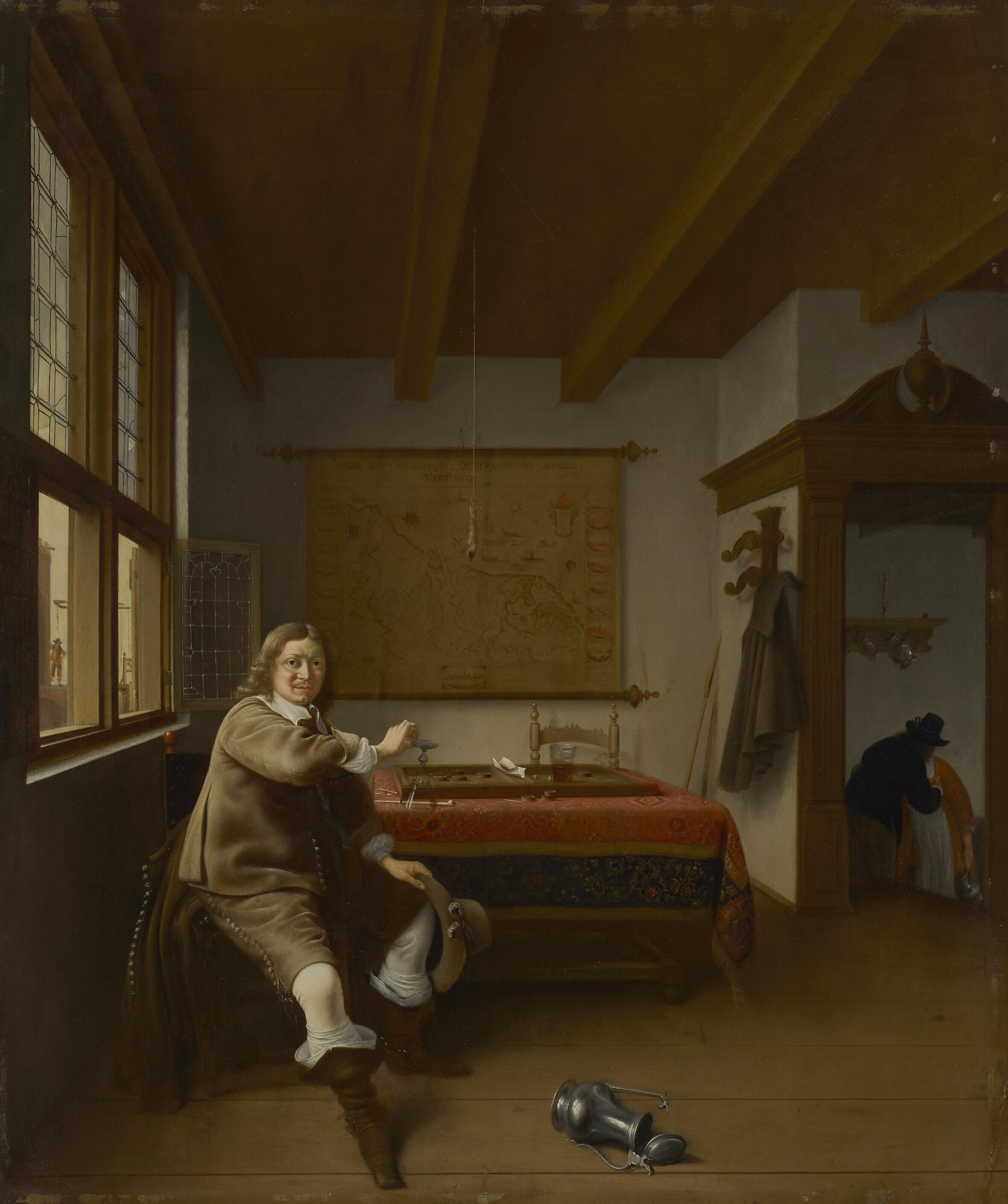 Isaac Koedijck - A man holding an overturned wine glass in an interior with two servants kissing in a doorway beyond (Het leege wijnglas)