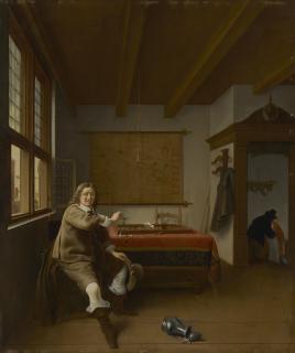 Isaac Koedijck - A man holding an overturned wine glass in an interior with two servants kissing in a doorway beyond (Het leege wijnglas)