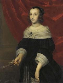 Isaac Luttichuys - Portrait of a lady, three-quarter-length, in a black dress with a white lace collar and cuffs, a fan in her right hand, before a red curtain