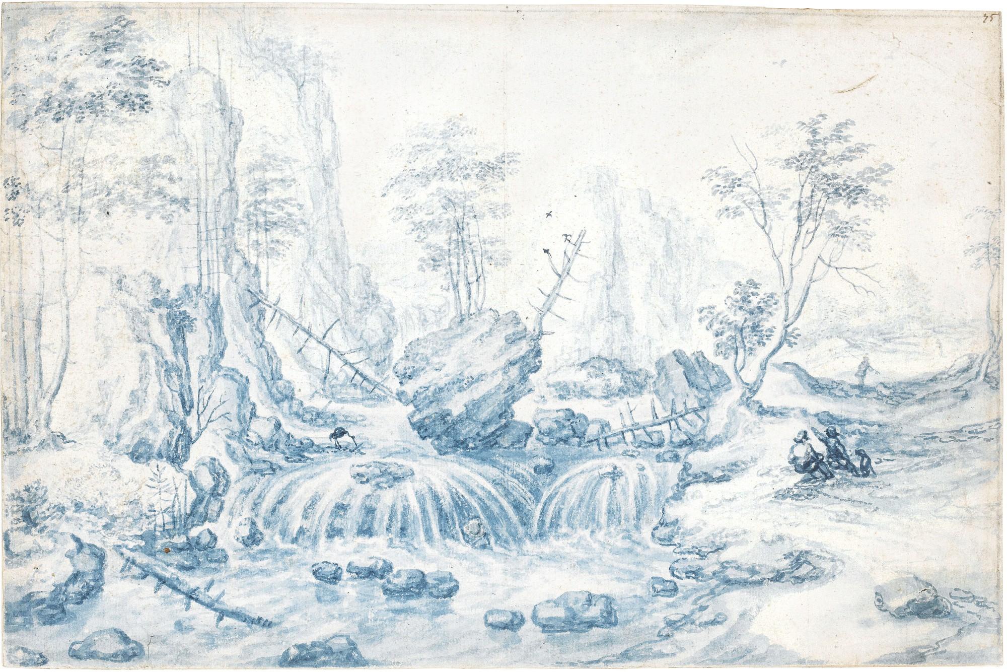 Isaac Major - A Rugged Mountain Landscape With Figures By A Waterfall