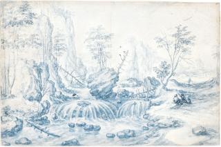 Isaac Major - A Rugged Mountain Landscape With Figures By A Waterfall