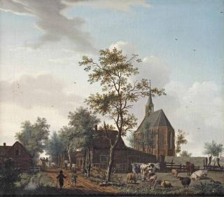 Isaac Ouwater - A View Of The Village Of Grosthuizen Near Avenhorn, South-West Of The Town Of Hoorn, With A Maid Milking A Cow In A Meadow, Boys Playing On The Road And A Horse And Carriage In The Near Distance