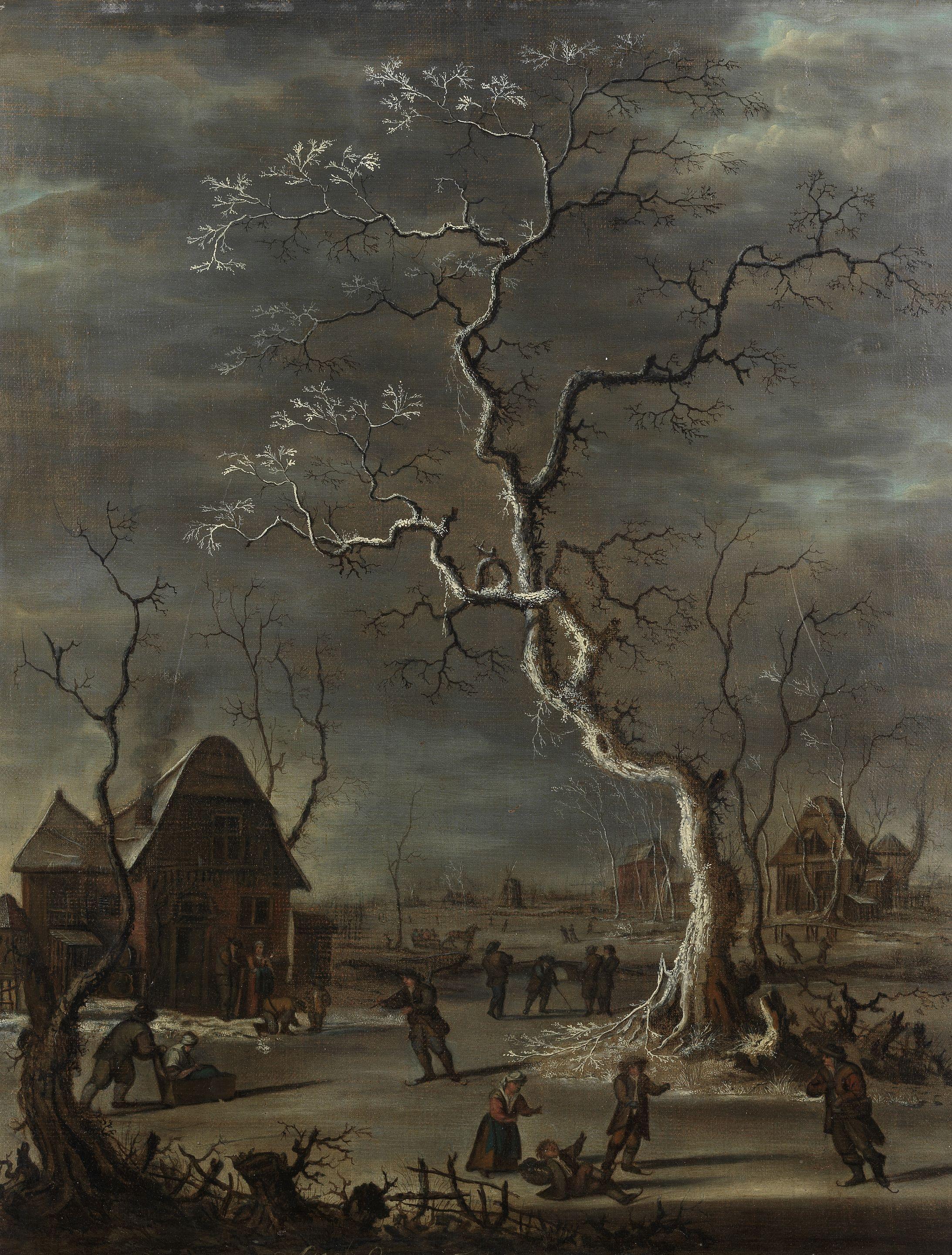 Isaac Ouwater - A winter landscape with figures ice skating