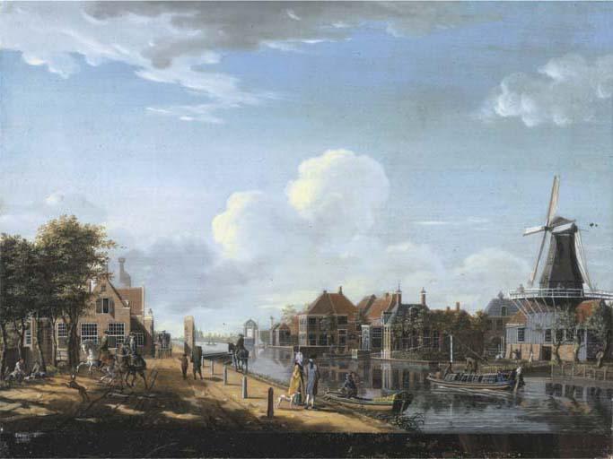 Isaac Ouwater - Amsterdam: The \'t Spaarne canal in Slooterdijk with the ferry office and the tollgate on the left hand side