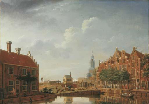 Isaac Ouwater - The Brouwersgracht and the Lijnbaansgracht, Amsterdam, with the rope maker \'t Fortuin and the Bullebak sluice, the Haarlemmerpoort in the distance