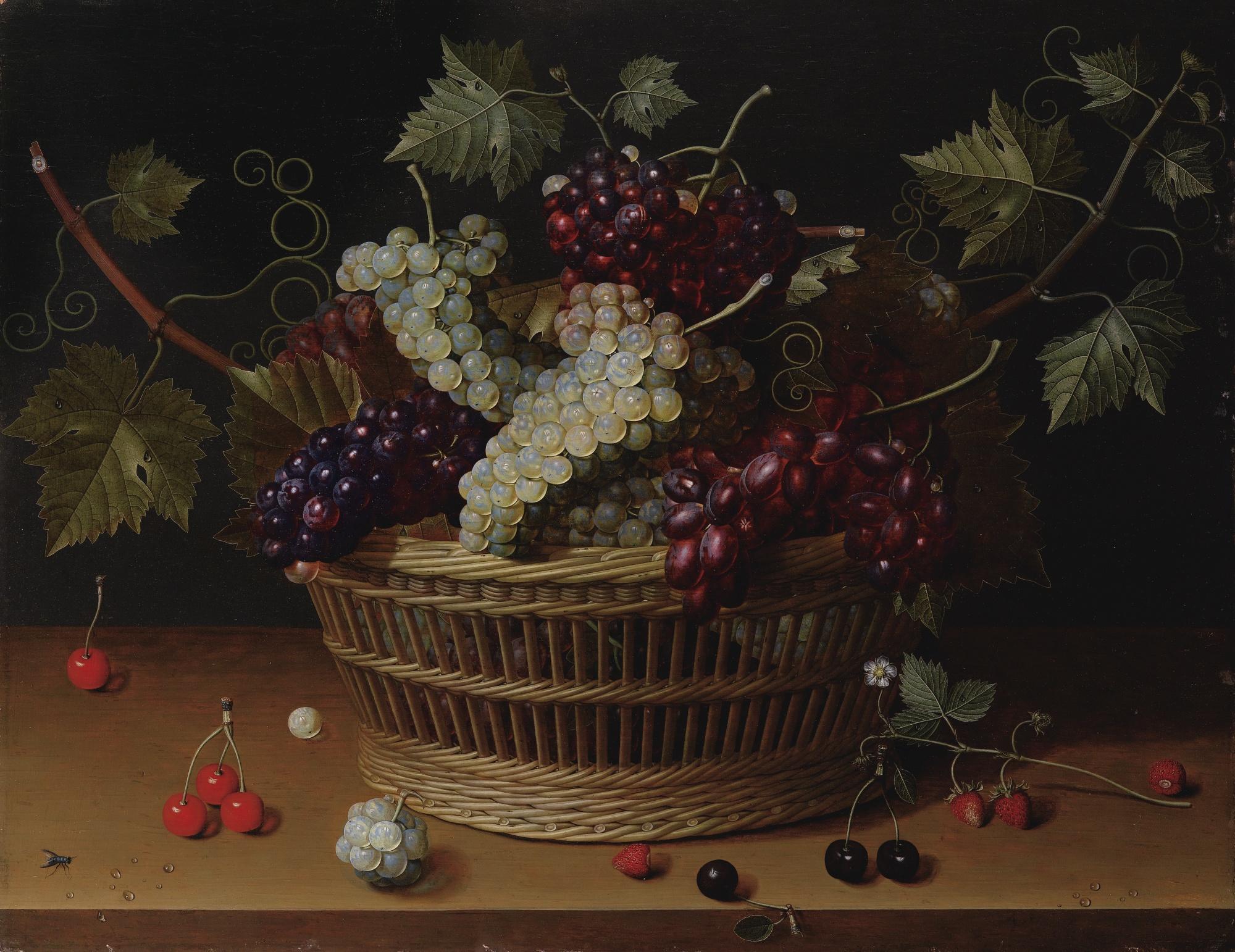Isaac Soreau - Nature Morte À La Corbeille De Raisins, Cerises Et Branche De Fraisier Sur Un Entablement