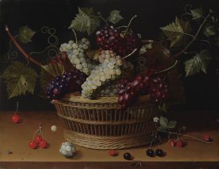 Isaac Soreau - Nature Morte À La Corbeille De Raisins, Cerises Et Branche De Fraisier Sur Un Entablement