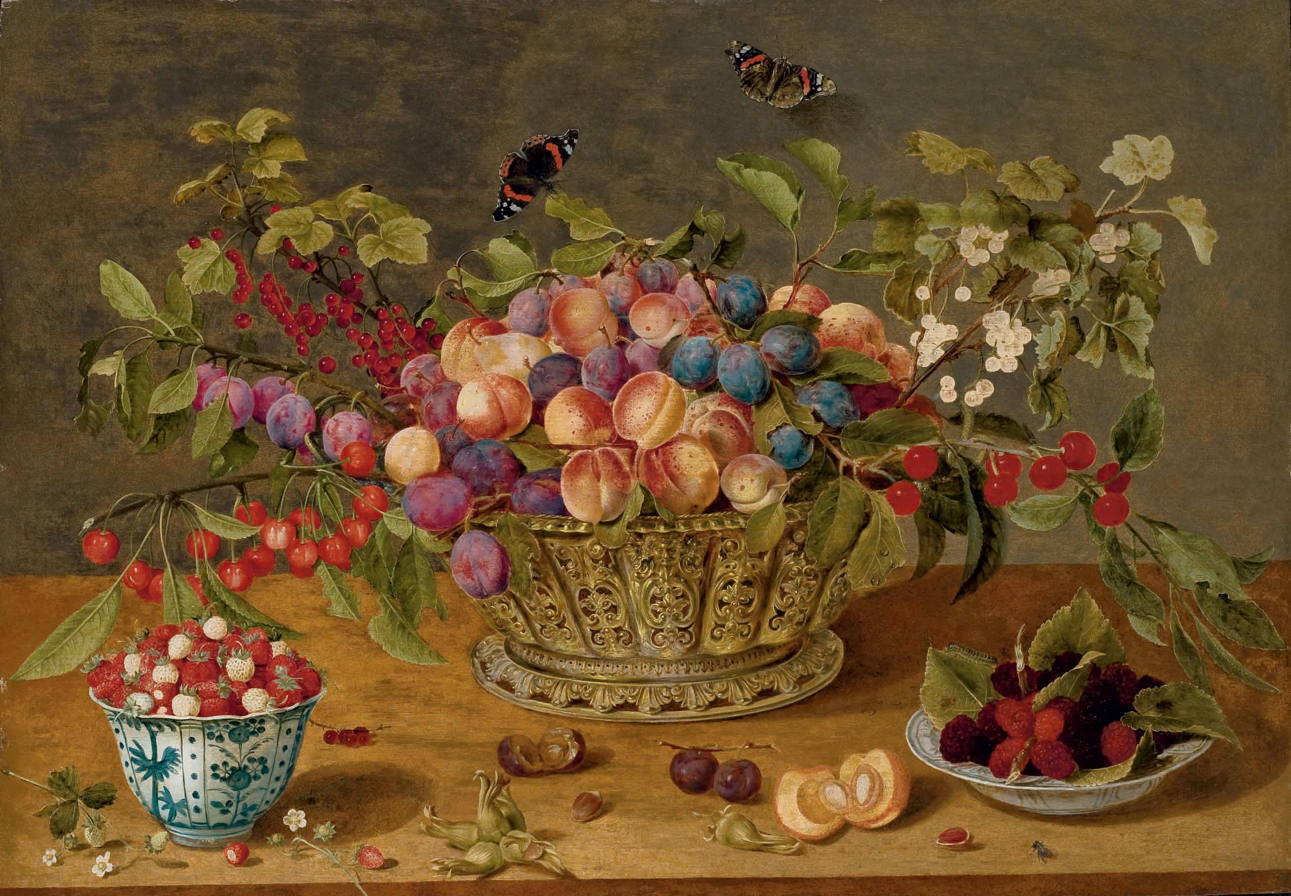 Isaac Soreau - Prunes, Abricots, Cerises Et Groseilles Dans Une Corbeille  Avec Coupelles De Framboises Et De Fraises Des Bois Sur Un Entablement