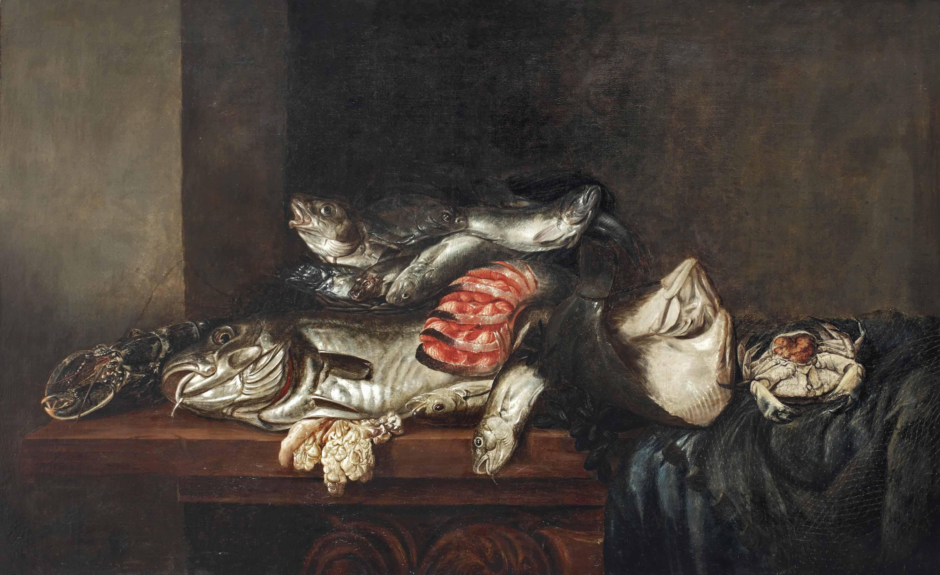 Isaac Van Duynen - A Lobster, Cod, Flatfish, Salmon, Crab, Mussels And Other Fish In A Wicker Basket With A Fish Net On A Partially Draped Table