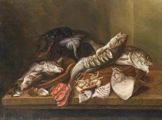 Isaac van Duynen - A Still Life With Fish, An Upturned Crab, Oysters, Cockles And Muscles, A Ray, A Lobster, Turbot And Haddock, All On A Table In An Interior