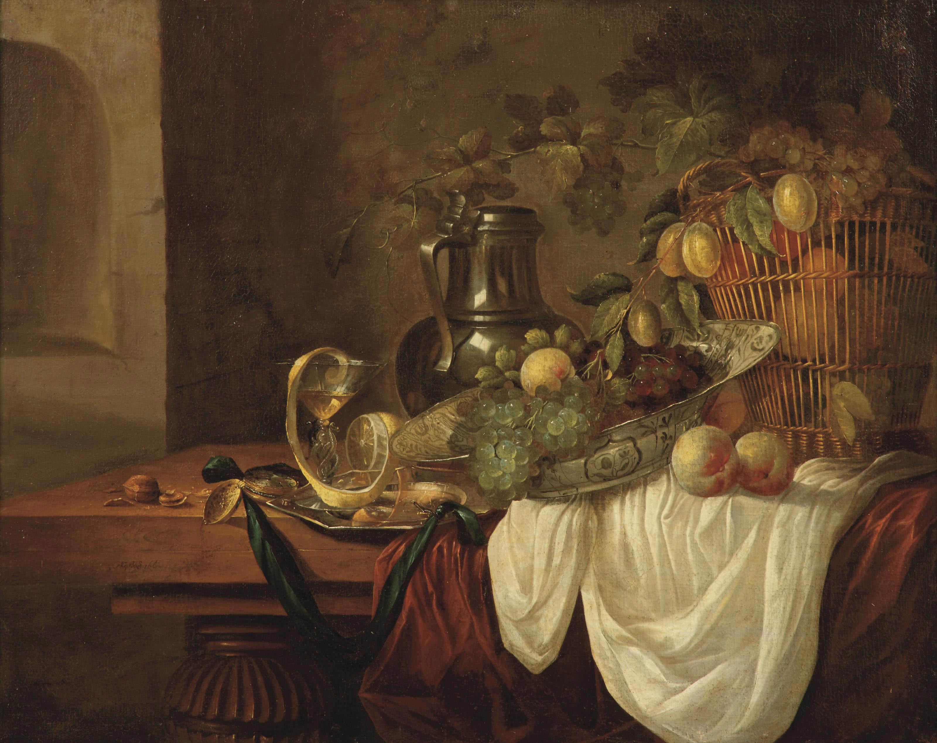 Isaac van Duynen - Grapes, peaches and plums in a \'wan-li kraak\' porcelain dish and in a wicker basket, a pewter jug and a silver plate, all on a partially draped table in an interior