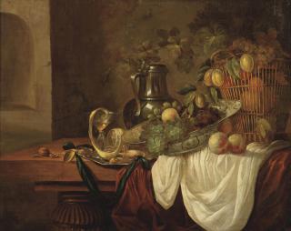 Isaac van Duynen - Grapes, peaches and plums in a \'wan-li kraak\' porcelain dish and in a wicker basket, a pewter jug and a silver plate, all on a partially draped table in an interior