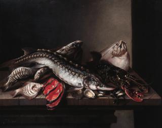 Isaac Van Duynen - Sturgeon, lobster, turbot, salmon, oysters, plaice and haddock on a stone ledge