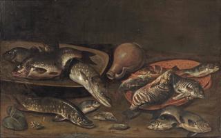 Isaac van Duynen - Various fish on platters, an earthenware jug, and a small frog in the left foreground