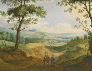 Isaac Van Oosten - An Extensive Landscape With Travellers On A Road