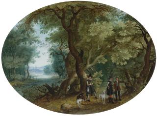 Isaac Van Oosten - Hunters With Their Dogs In A Wooded Landscape
