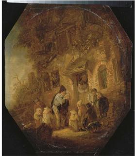 Isaac van Ostade - A Bagpipe Player Making Music Before A Young Crowd