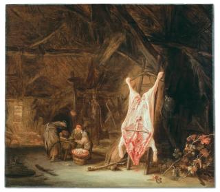 Isaac Van Ostade - A barn interior with a slaughtered pig, a woman preparing meat and two children beyond