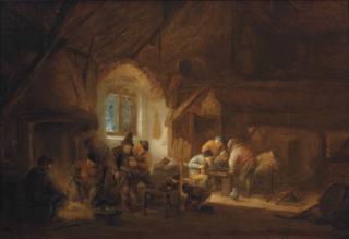 Isaac Van Ostade - A barn interior with peasants conversing by a fire place, drinking and playing backgammon