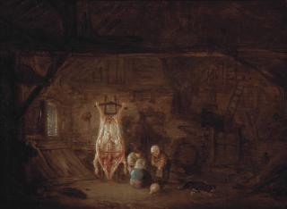 Isaac Van Ostade - A Barn Interior With Three Children And Their Dog Playing With A Pig\'S Bladder