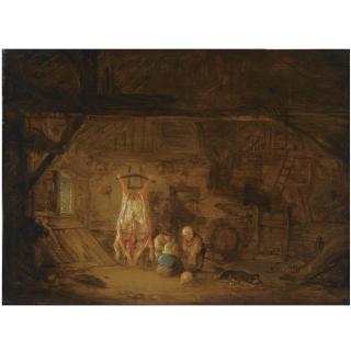 Isaac van Ostade - A Barn Interior With Three Children Playing With A Pig\'S Bladder, Next To A Slaughtered Pig