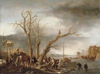 Isaac Van Ostade - A Frozen River Landscape With Woodsmen Felling A Tree, A Water Mill Beyond