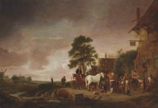 Isaac van Ostade - A village scene outside a tavern, with figures conversing, playing music and feeding their horses