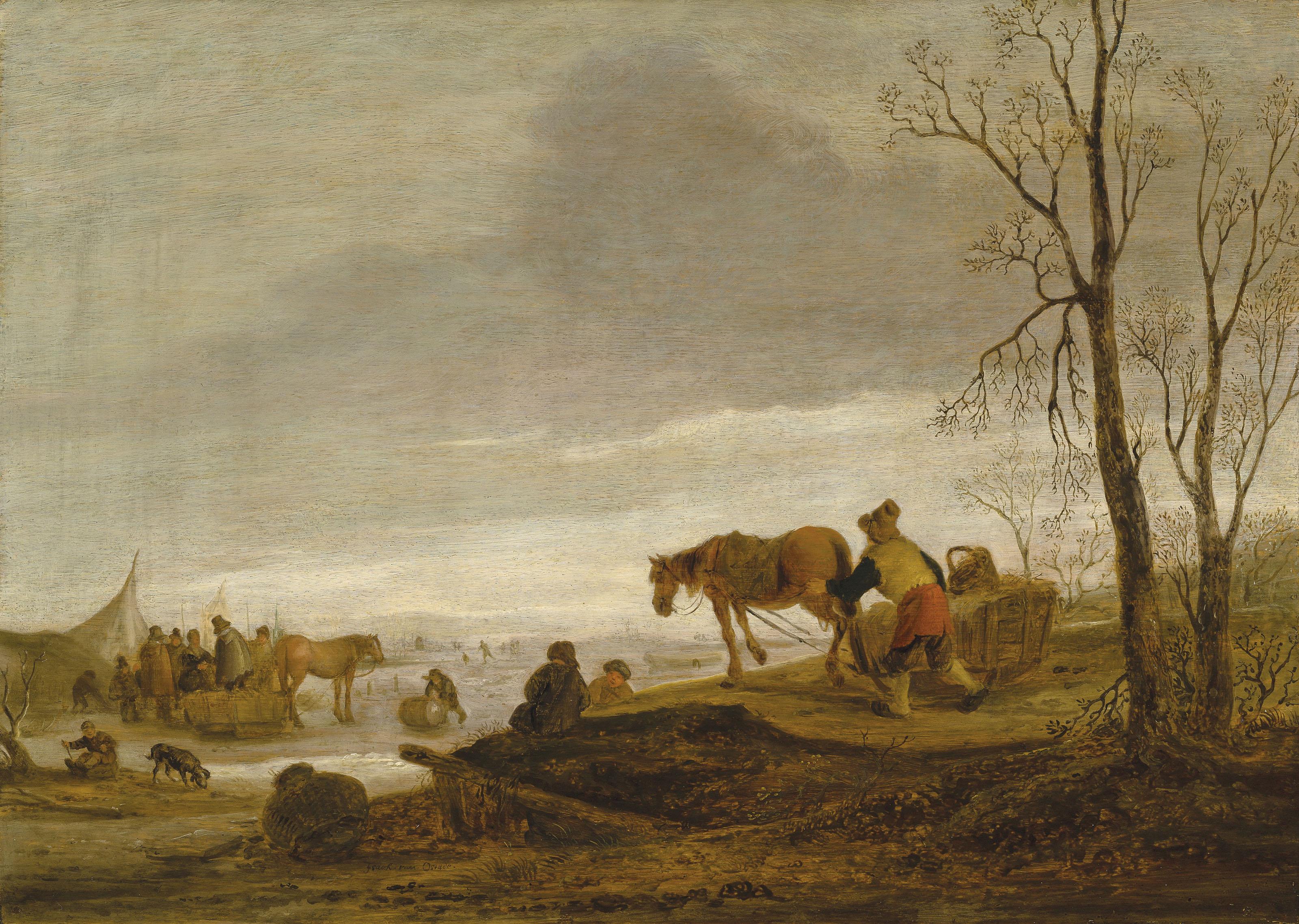 Isaac Van Ostade - A winter landscape with figures on a frozen river