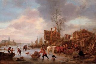 Isaac van Ostade - A winter landscape with villagers on a frozen canal