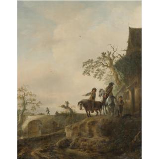Isaac van Ostade - Horsemen Halting At An Inn, A Shepherd Driving His Flock Across A Bridge Beyond